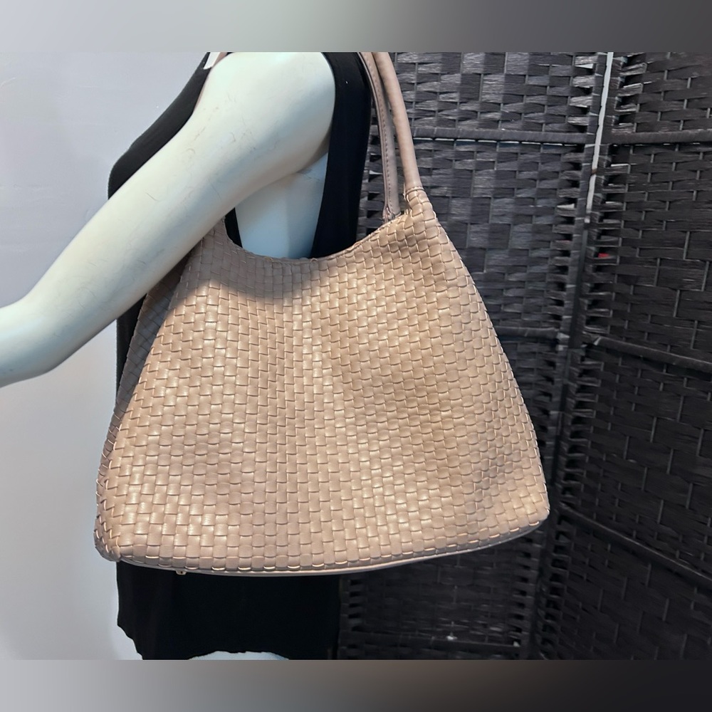Deux lux beige woven faux leather shoulder bag